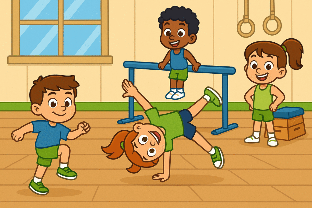 Mehrere Kinder turnen gemeinsam im Gymnastikraum, nutzen Matten und Turngeräte und bewegen sich aktiv in einer hellen, freundlichen Umgebung bei NockKids Turnabenteuer.