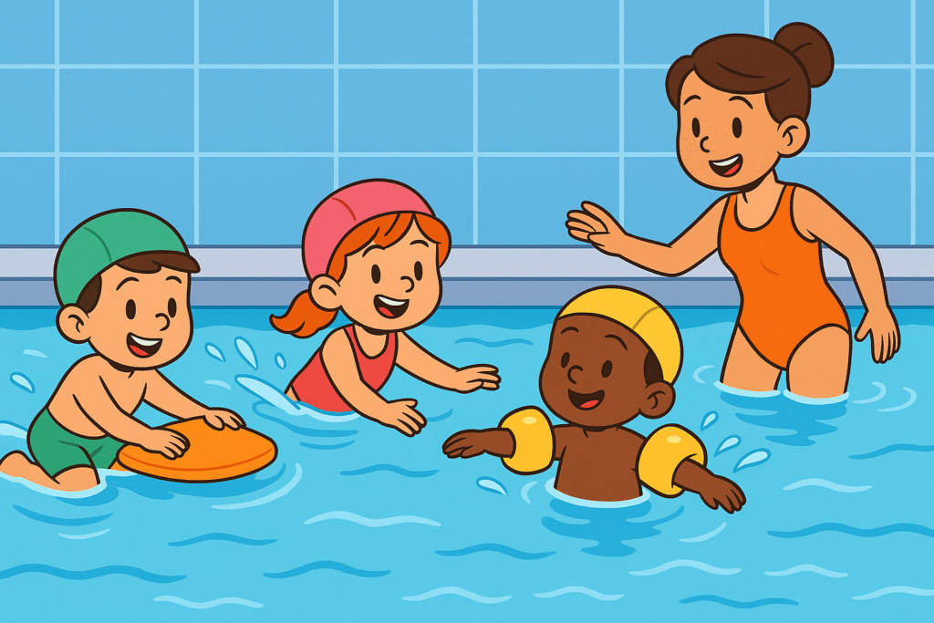 Kinder nehmen am Schwimmunterricht in einem blauen Pool teil und üben gemeinsam das Schwimmen.