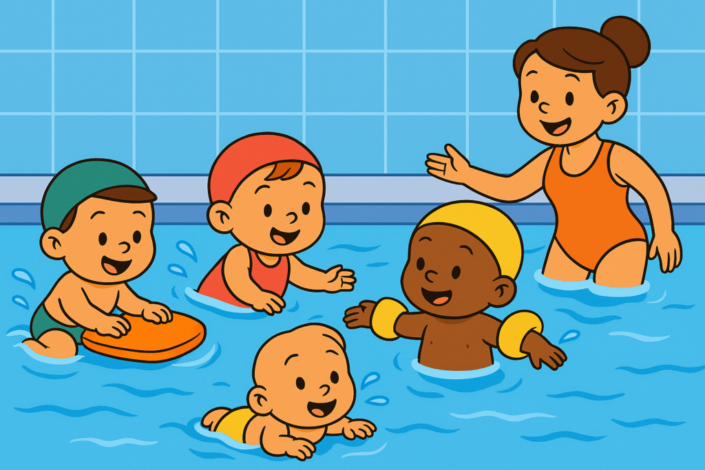 Kleinkinder nehmen am Schwimmunterricht in einem blauen Pool teil und üben gemeinsam das Schwimmen.
